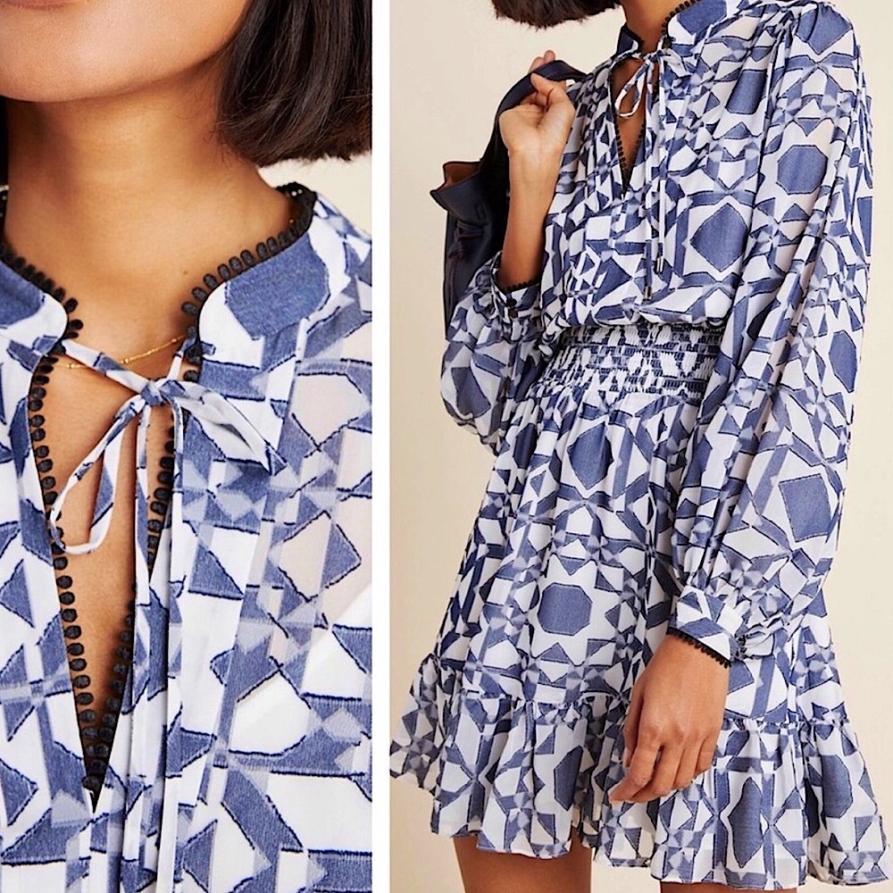 Anthropologie Shoshanna Smocked Waist Geometric Print Tiered Mini Dress NWT 10 - Picture 6 of 10